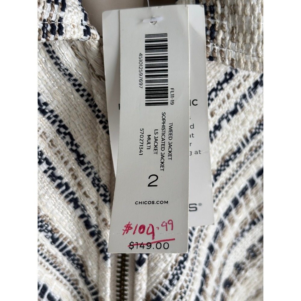Chico's Sophisticated Tweed Jacket Zip Front Striped Multi Size 2 Large XL NEW - Picture 8 of 9
